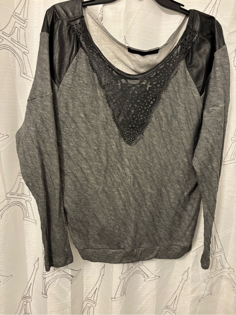 Women's Gray Long-Sleeve Top with Faux Leather Trim
